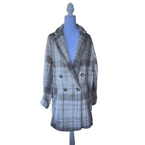 H&M Jacket Womens Size 10 Poly Wool Ivory Brown Plaid Fuzzy Peacoat Beige Button